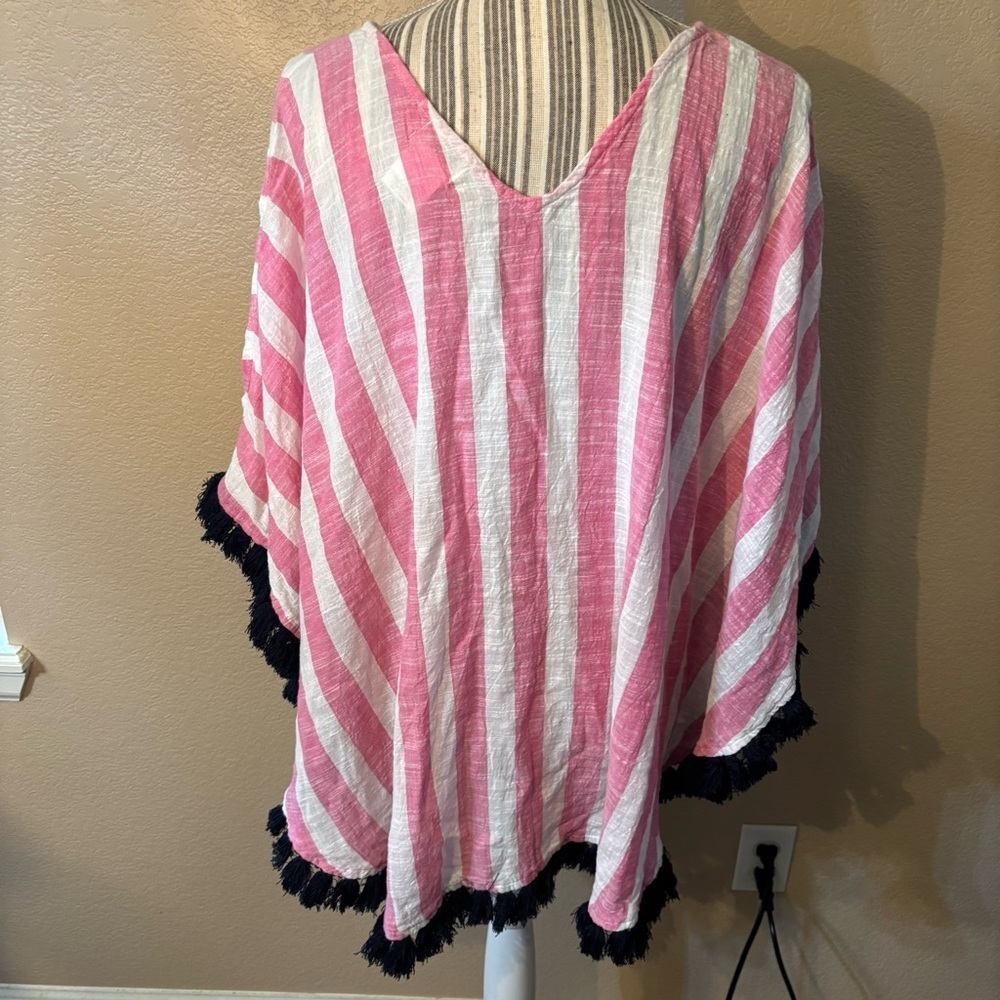 Mud Pie Coverup Pink White Striped Black Fringe Beach Swim Poncho Cotton - Picture 7 of 16
